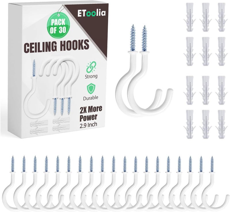Etoolia 30 Pcs Ceiling Hooks for Hanging Plants - 2.9 inch Heavy Duty, Hanging Hooks for Christmas Lights, Cups, Decors - White Vinyl Coated Screw in Plant Hanger Hook Indoor and Outdoor - Image 1